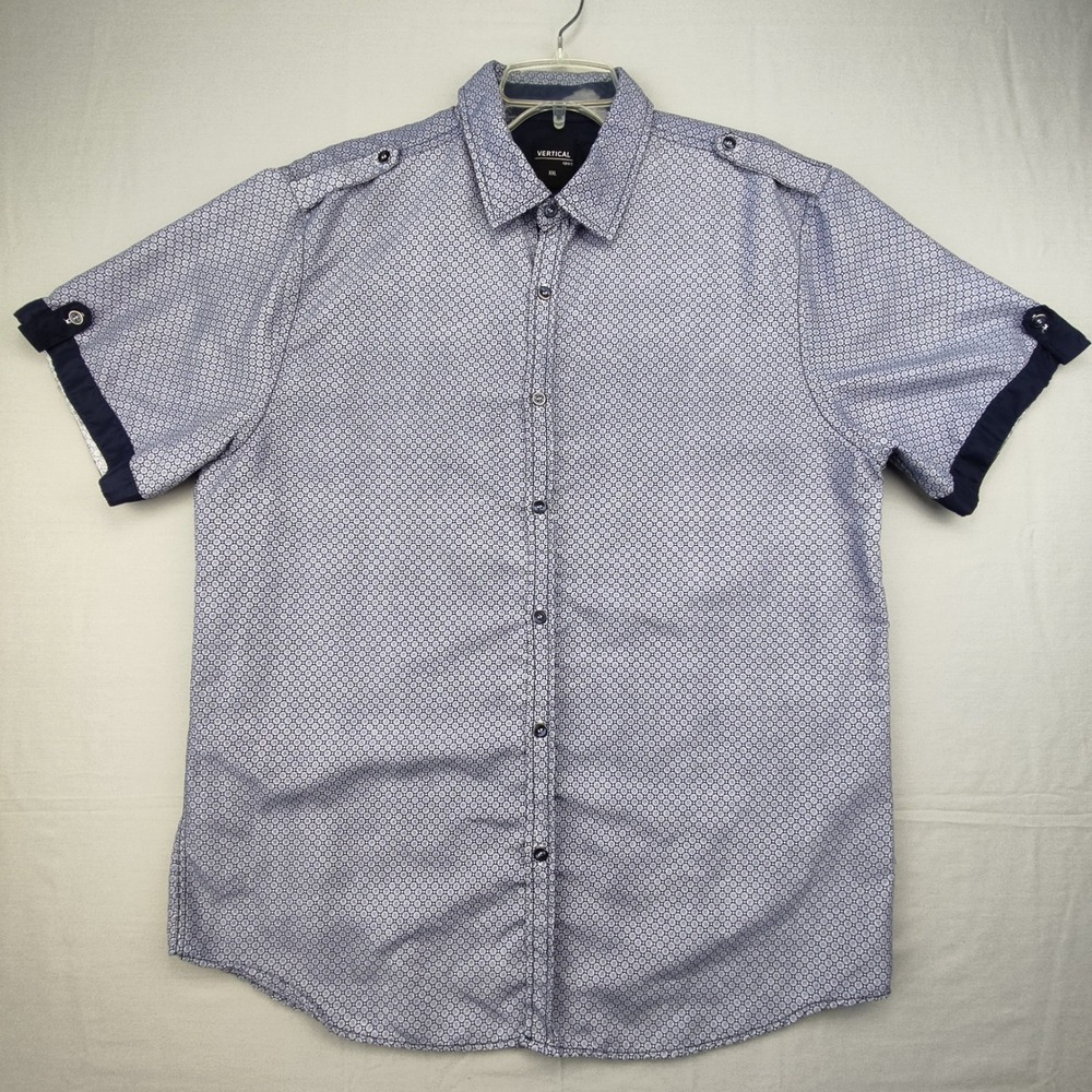 Vertical Sport Shirt Mens XXL Blue Geometric Button Down Epaulet Short Sleeve